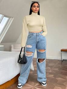 SHEIN EZwear 加大高领拇指洞短款T恤春装 - 杏色 - 查看 5