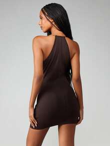 MISSGUIDED Halter Neck Keyhole Mini Dress With Chain Detail For Party Evening Occasions - Coffee - View 2