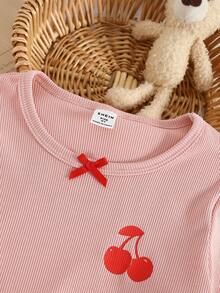 Young Girl' Navy Blue Cherry Print Long Sleeve Top & Ribbed Pants Pajama Set - Pink - View 5