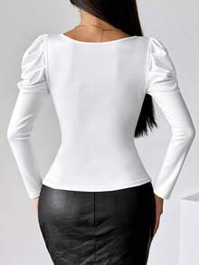 INAWLY T-shirt à manches longues avec encolure en V sexy, boutons métalliques et manches gigot - Blanc - Voir 2