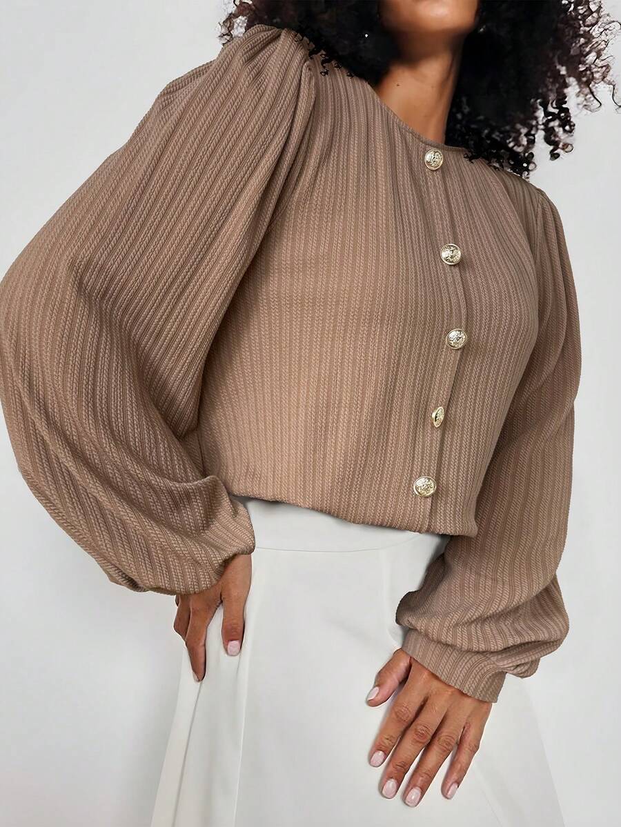 Vionelle Felpa casual ed elegante con collo tondo e maniche lunghe, adatta per l'autunno/inverno, per donne taglie forti - Cachi - Visualizzare 1