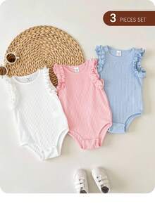 3pcs/Set Newborn Baby Girls Cute Solid Color Sleeveless Bodysuits, Summer - White - View 2