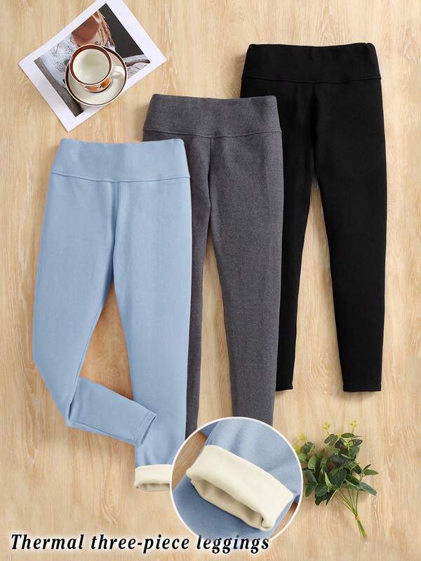 3pcs/Set Tween Girls' Knit High Waist Fuzzy Casual Leggings