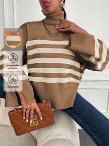 SHEIN Cottnline Của phụ nữ Sọc Tách tay áo Áo len dệt kim - Màu Khaki - Xem 1