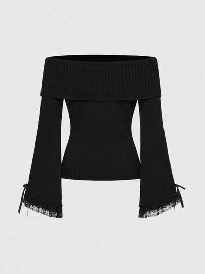 Kawaii Pull femme style gothique sombre, épaules dénudées, manches évasées, style punk mignon