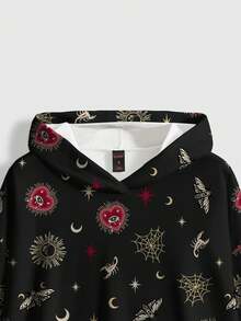ROMWE Goth Sudadera holgada con estampado de corazón, cruz, sol, luna y estrella de estilo palaciego retro gótico para mujeres - Negro - Ver 3