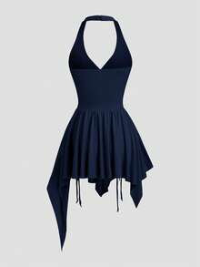 Sweetra Asymmetrical Waist Cinched Stylish Rugged Chic Exotic Inspired Mini Dress, Flattering Silhouette - Navy Blue - View 2
