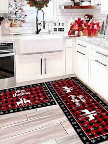 1pc Christmas Floor Mat Set, Buffalo Plaid Elk Tree Design Nonslip Rectangle Kitchen Rug Set, Perfect For Kitchen Home Bathroom Holiday Decoration Supplies, Christmas Decor Home Decor 2026 Happy New Year 2025 Gifts - Multicolor - View 7