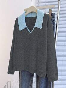 Franclia V-Neck 2 In 1 Long Sleeve Sweater, Autumn/Winter - Dark Grey - View 7