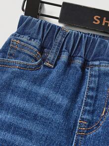 SHEIN 男童松紧腰工装口袋休闲牛仔裤 - 中等水洗藍 - 查看 4