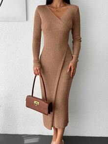 EURMUSE Solid Ribbed Knit Wrap Hem Sweater Dress - Camel - View 4