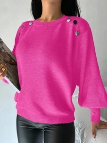 EURMUSE Tay áo lồng đèn Chi tiết Nút Áo len - Màu Hồng Tươi - Xem 4