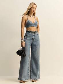 Daynim Calça Jeans Feminina Super Wide Leg Pantalona Cintura Alta Vintage - Lavagem Média - Visão 8