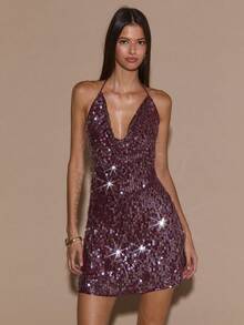 SHEIN BAE Vestido sin mangas con escote halter y espalda descubierta con parches de lentejuelas para mujer - Rojo violeta - Ver 3
