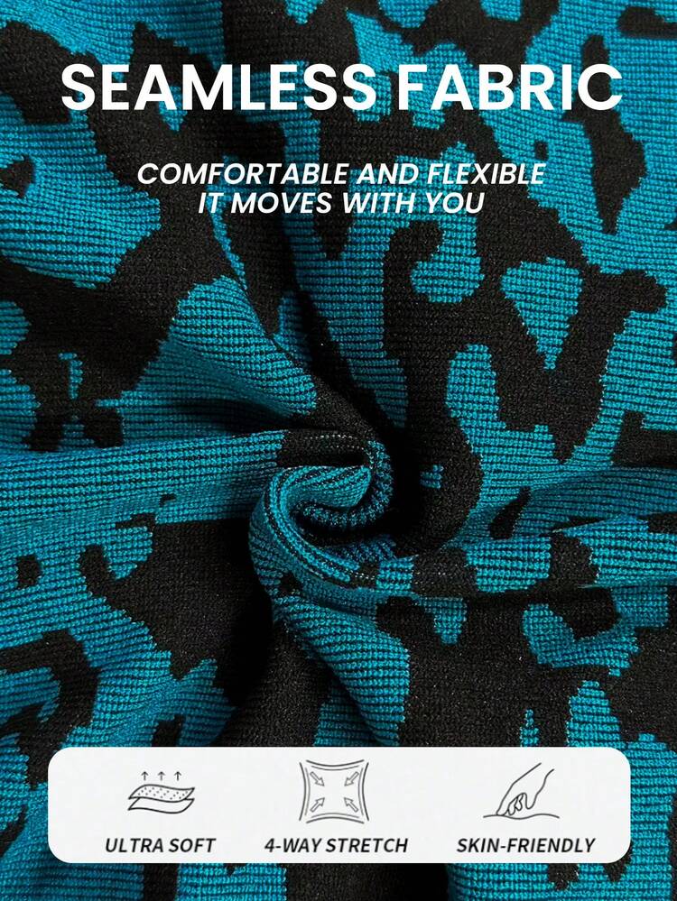 Easithlete Set sportivo composto da top a maniche lunghe senza schienale e leggings, con stampa verde senza cuciture su tutto il capo - Verde - Visualizzare 8
