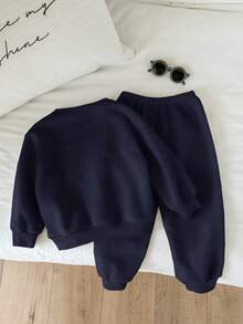 SHEIN 秋冬款男童休闲字母印花卫衣和运动裤套装 - 寶藍色 - 查看 9