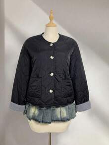 Elamini 女士优雅休闲通勤百搭拼色仿羊毛圆领长袖棉质夹克，适合秋冬季 - 黑色 - 查看 6