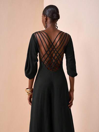 Zivah 2025 Höst Ny Musikfestival, Påsk, St. Patrick's Day, Western, Nomadisk, Födelsedagsfest, Examen, Collegestil, Studentkläder, Vardagskläder, All-Match Mångsidig, Fritid, Kryssningsresor, Strand, Solbad, Viral, Streetwear, Bröllopsgäst Boho, Pendling, Brunch, Flygplats, V-ringad 3/4-ärmad lång jumpsuit i brunt texturerat krinklat tyg med korsmönster på ryggen