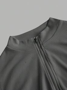SHEIN EZwear 2 件女士休闲简约风格真刺绣字母徽章拉链高领紧身连体衣，百搭服装，适合秋冬季，机场搭配 - 彩色 - 查看 4