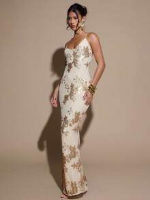 SHEIN BAE 香槟色亮片刺绣露背系带鱼尾下摆优雅女士连衣裙，适合派对、圣诞节、感恩节、节日、鸡尾酒会、夜间外出 - 香檳色 - 查看 5