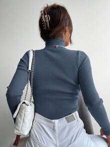 EURMUSE Women's Basic Casual Solid Color Ribbed Turtleneck Sweater - Dusty Blue - View 2