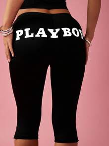 Missguided x Playboy Logo Capri Leggings For Women Mid Rise Knee Length Casual - Black - View 4