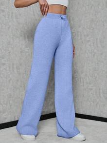 SHEIN Tall Damen einfarbige minimalistische Strickhose mit Kordelzug in der Taille, für den Alltag, burgunderrote Hose, für große Frauen - Babyblau - Übersicht 3