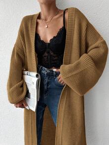 EURMUSE Women's Solid Color Drop Shoulder Cardigan With Open Front Design - Camel - View 2