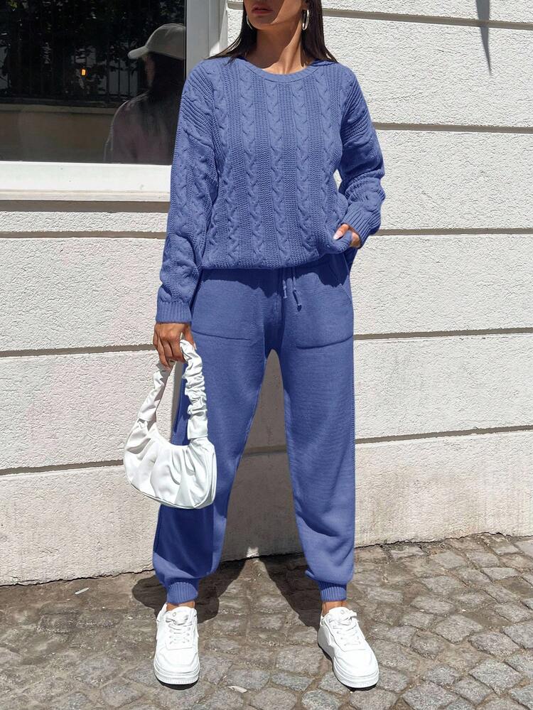 EURMUSE 2pcs/Set Women's Plain Crew Neck Long Sleeve Slit Hem Pullover Sweater Top And Pants Casual Knitwear Set - Blue - View 3
