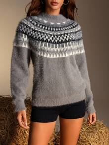 Chiquease 女式休闲度假风格费尔岛图案插肩袖毛衣，秋冬 - 深灰色 - 查看 3