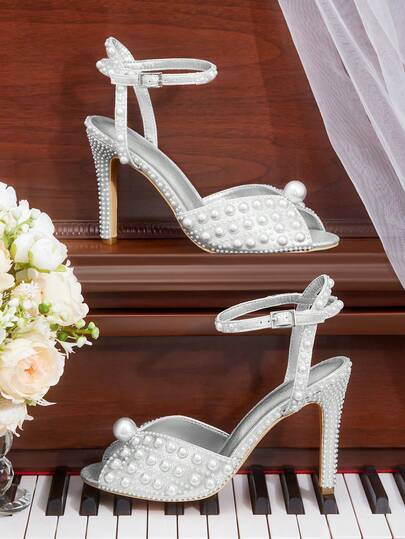 CUCCOO HITCHD Women's Elegant Glitter Pearl Embellished Peep Toe High Heel Sandals, Romantic Luxury Bridal Dress Shoes, Suitable For Formal Occasions, Weddings, Parties, Christmas, New Year