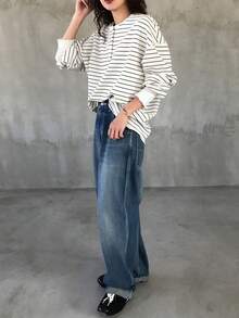 FRIFUL Women's Colorblock Striped Long Sleeve Loose T-Shirt