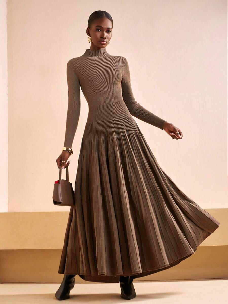 Zivah 2025秋冬新款 音乐节,复活节,圣帕特里克节,西部风,游牧风,生日派对,毕业典礼,日常休闲,百搭,休闲,邮轮旅行,海滩,日光浴,网络爆红,街头潮流,婚礼嘉宾,优雅,通勤,早午餐,机场,高领长袖A字褶皱连衣裙,咖啡色针织连衣裙 - 咖啡棕 - 查看 1