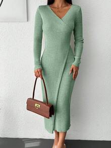 EURMUSE Solid Ribbed Knit Wrap Hem Bodycon Sweater Dress - Mint Green - View 4