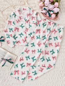 School Girl Pajamas, Girls' Cute Cherry Print Long Pants And Long Sleeve Casual 2 Pieces Loungewear Set - Apricot - View 5