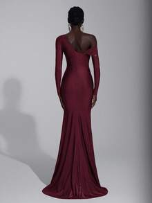 Elitara Elegant Brown Elastic Knit Asymmetrical One Shoulder Long Sleeve Dress,Metal Decor Fish Tail Front Flounce Ball Gown For Wedding,Party,Vacation - Burgundy - View 3