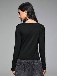 ROMWE Grunge Punk Áo thun tay dài bó sát thiết kế kim loại Punk Kpop - màu đen - Xem 3