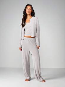 MISSGUIDED Ribbed Knit Two Piece Set Lounge Cardigan With Wide Leg Pants Fall Comfort Wear - Grey - View 1