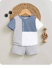 Baby Boy Casual Color Block Letter Printed T-Shirt And Solid Color Shorts Set