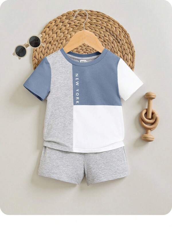 Baby Boy Casual Color Block Letter Printed T-Shirt And Solid Color Shorts Set