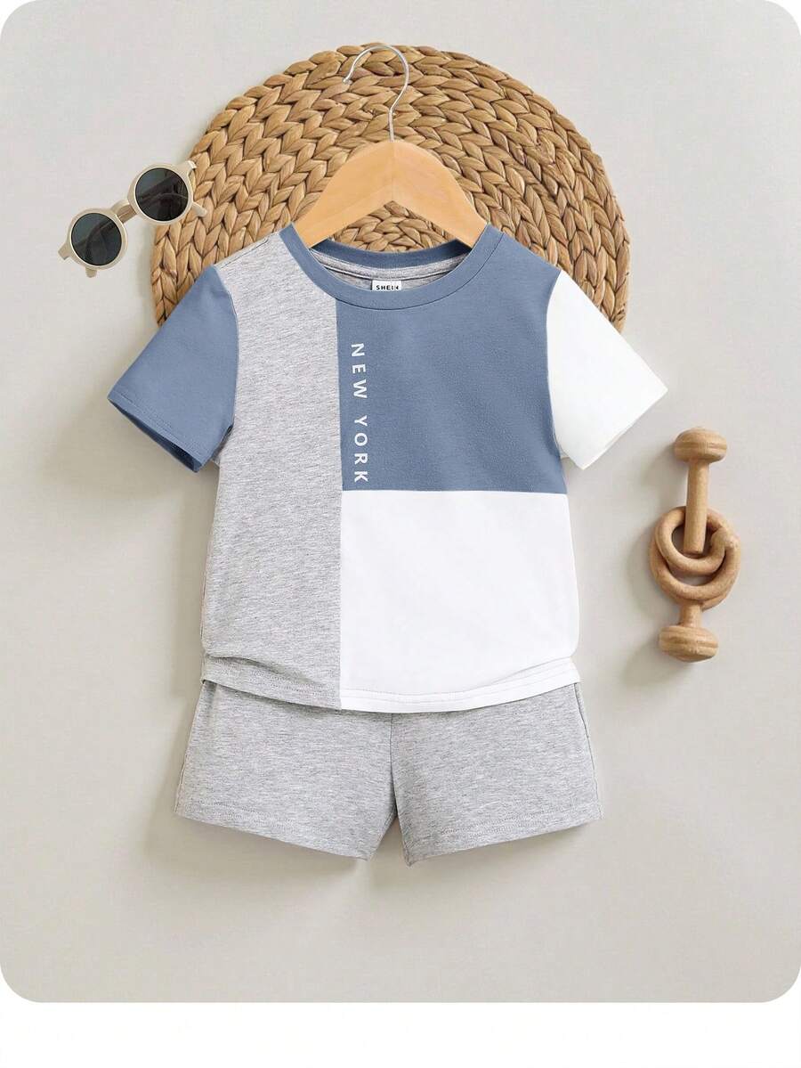 Baby Boy Casual Color Block Letter Printed T-Shirt And Solid Color Shorts Set