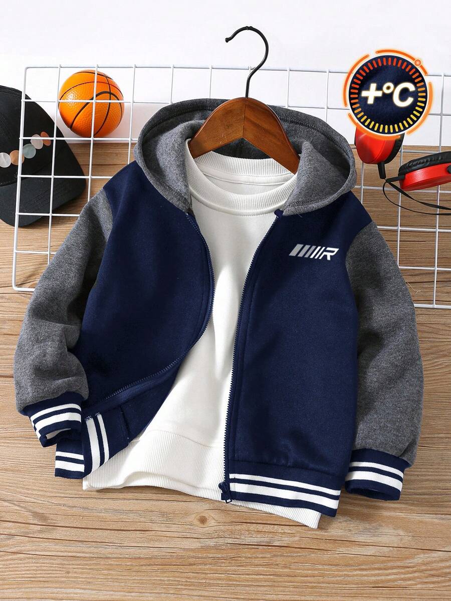 SHEIN 秋冬款小男孩休闲拼色连帽夹克 - 藏蓝色 - 查看 1