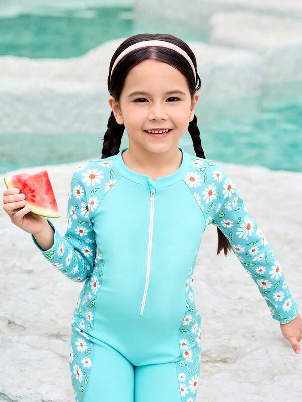 بدلة سباحة قطعة واحدة للفتيات الصغيرات، قطعة واحدة مع أكمام طويلة وبنطال، بتصميم محافظ وملائم للسباحة والشاطئ والعطلات