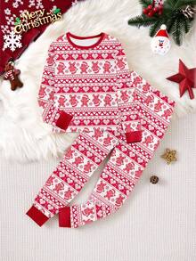 Tween Girls Pixel Heart + Gingerbread Print Colorblock Snug Fit Pajama Set, Long Sleeve Top And Pants, Spring/Autumn - Red - View 3