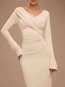 SHEIN BAE Aprikosfärgad V-ringad, rynkad, omlottklänning med A-linjemönster, Elegant klänning, Dejtklänning, Brudtärneklänning, Födelsedagsfestklänning, Höst-/vinterklänning med lager på lager - Aprikos - Visa 3