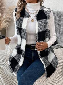 SHEIN LUNE 秋冬季水牛格纹开襟泰迪熊背心外套