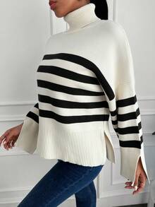 SHEIN Cottnline Striped Pattern Turtleneck Drop Shoulder Split Cuff Sweater - Multicolor - View 4