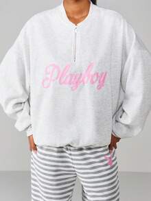 Missguided x Playboy 超大号半拉链运动衫，背面带有文字印花和兔子标志设计，带来休闲舒适感 - 灰色 - 查看 1