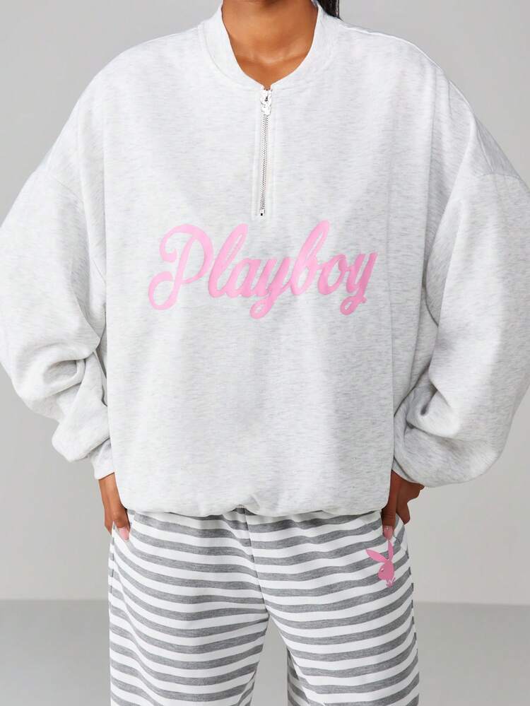 Missguided x Playboy Oversized Half Zip Sweatshirt With Script Print And Bunny Logo Back Design For Casual Comfort