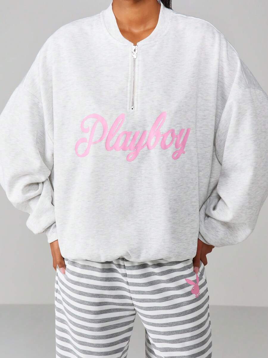 Missguided x Playboy 超大号半拉链运动衫,背面带有文字印花和兔子标志设计,带来休闲舒适感 - 灰色 - 查看 1